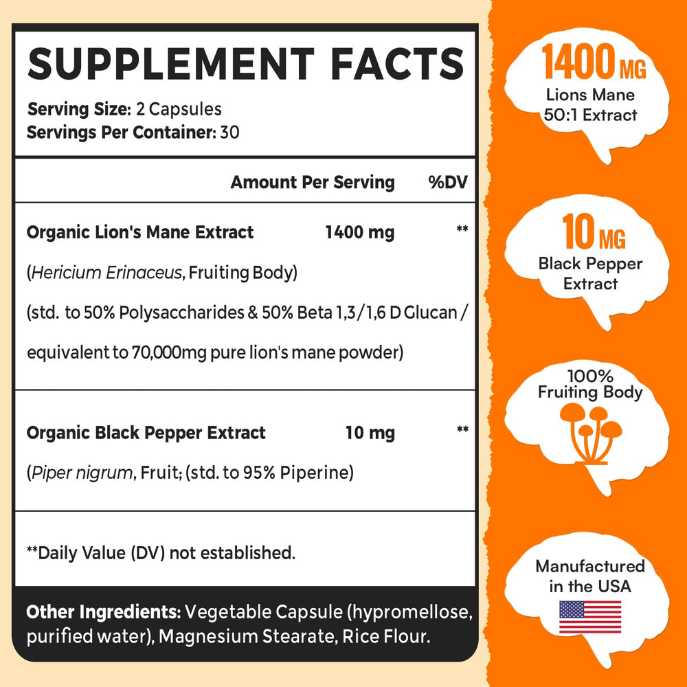 US-made, gluten-free vegan Lions Mane capsules on white background