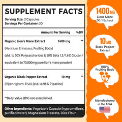 US-made, gluten-free vegan Lions Mane capsules on white background