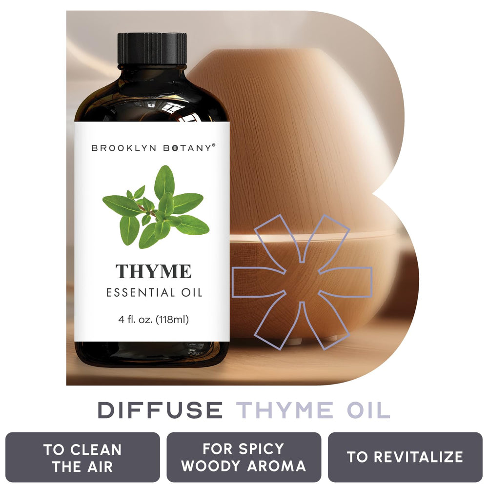 Close-up of thyme oil bottle showing USA bottled label