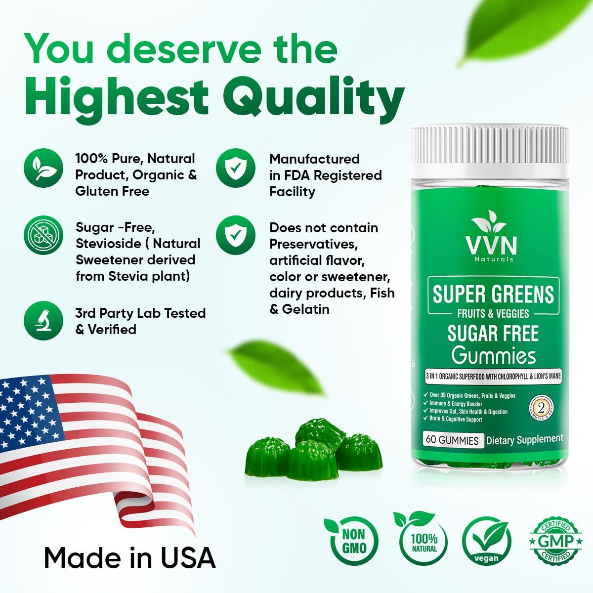 Made in USA GMP-certified facility label and third-party tested