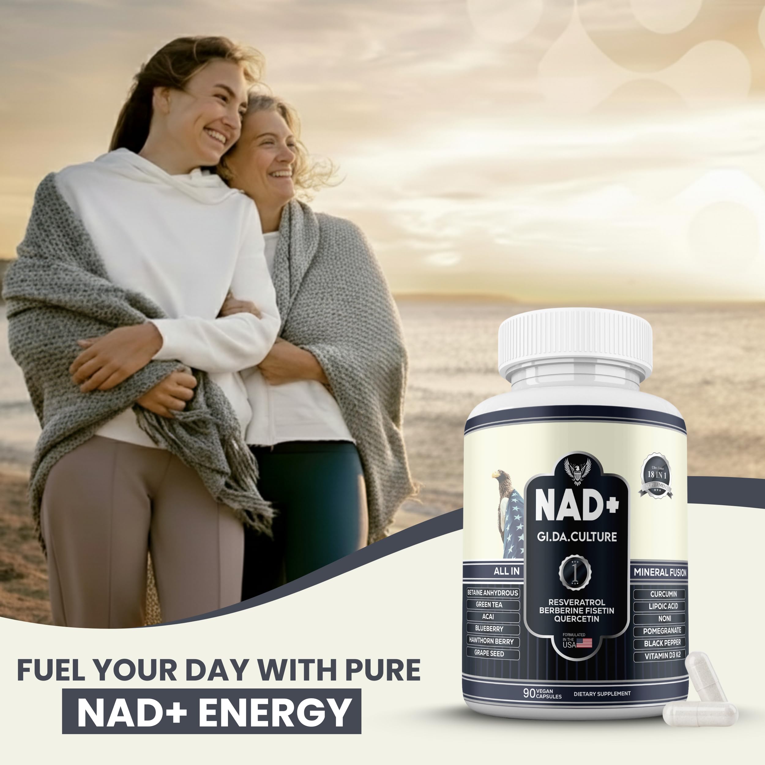 USA-made NAD+ supplement label and packaging