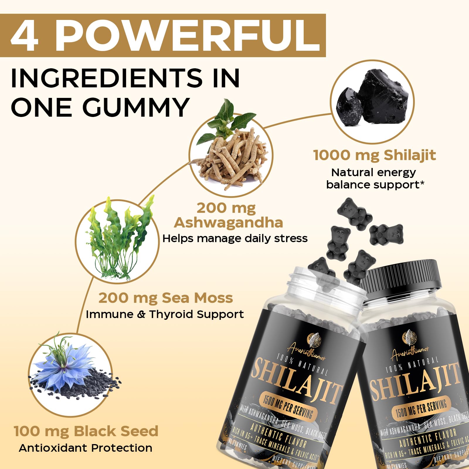 USA-made, vegan, gluten-free, GMO-free Shilajit gummies
