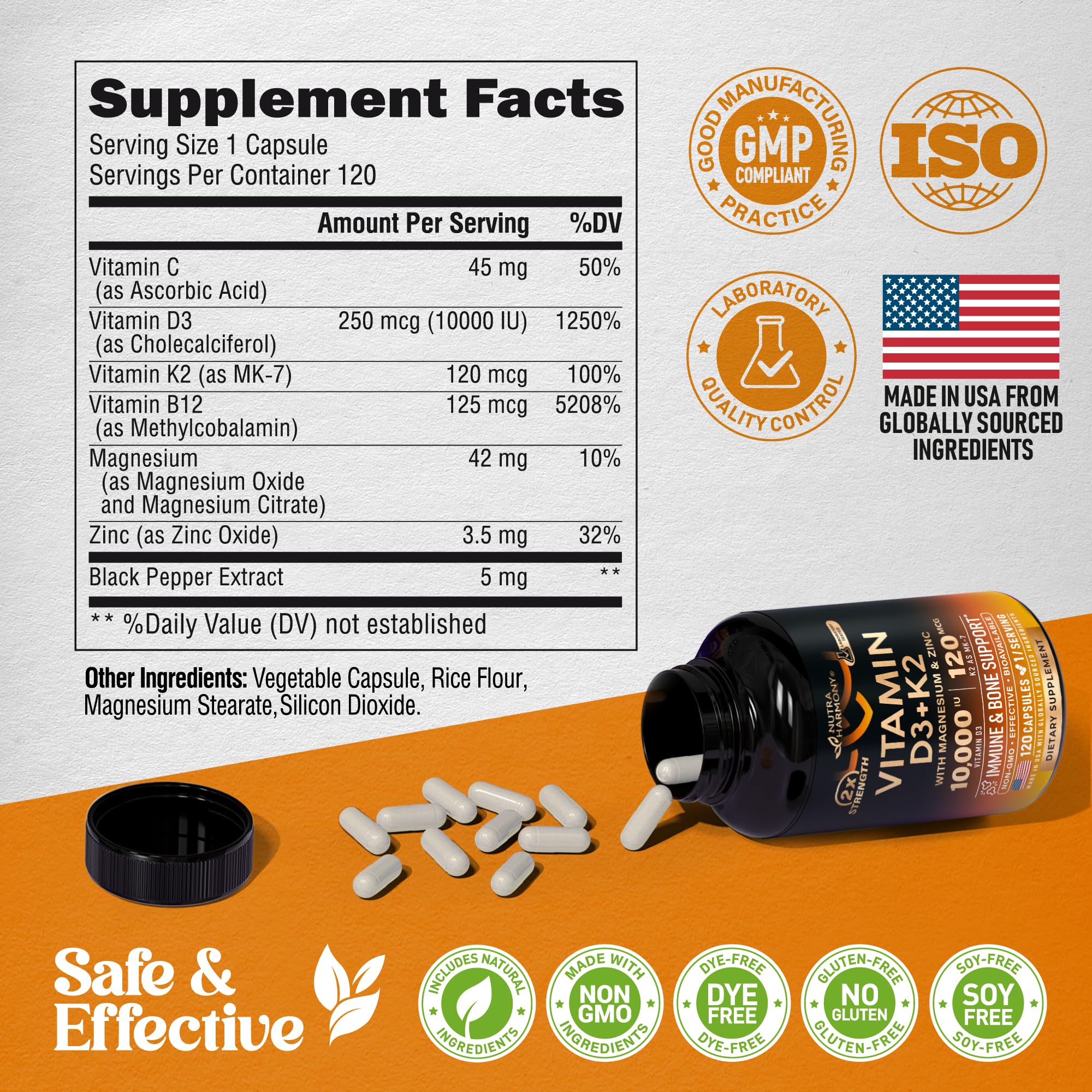 Made in USA label on Vitamin D3 K2 bottle