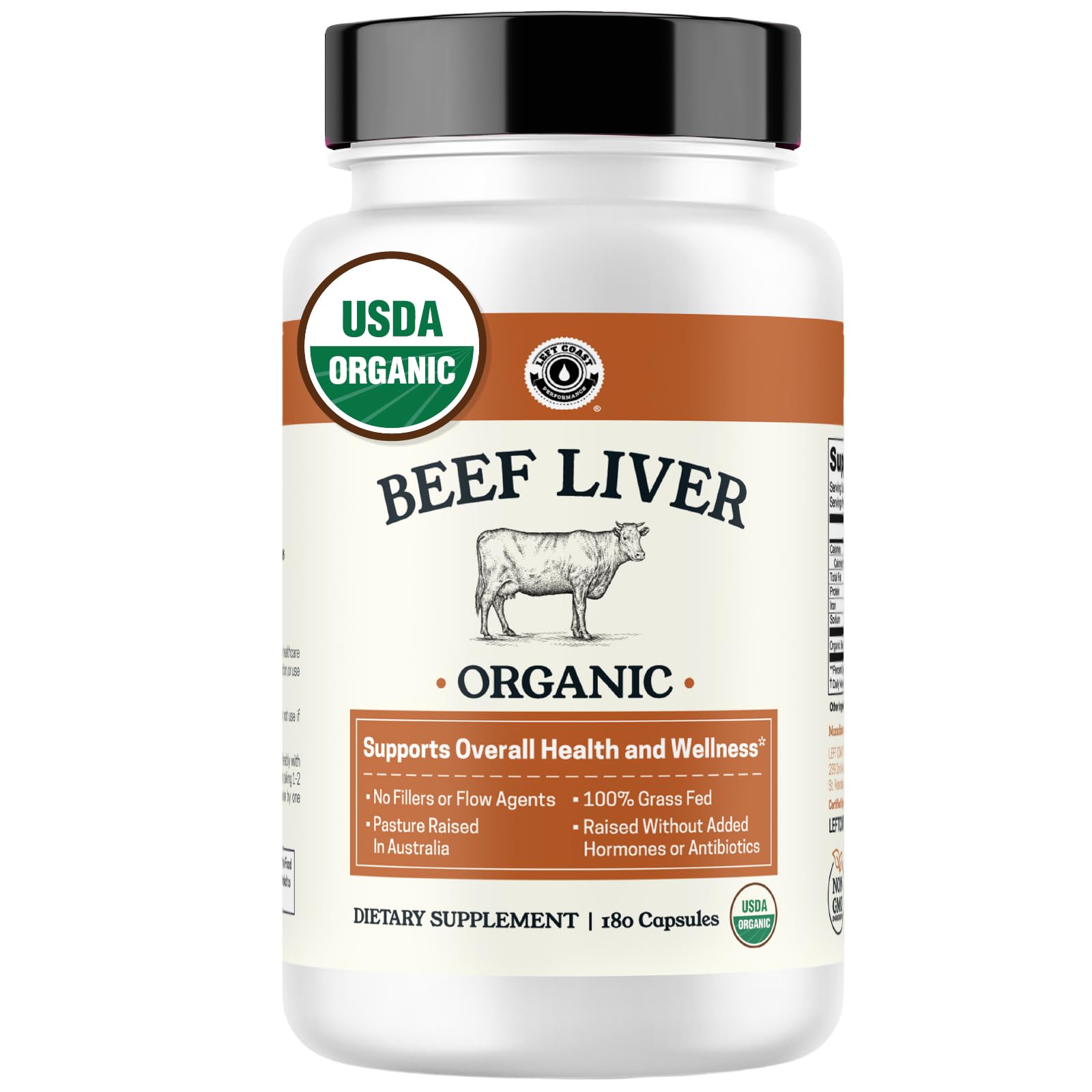 Bottle of USDA Organic Beef Liver Capsules with 180 capsules