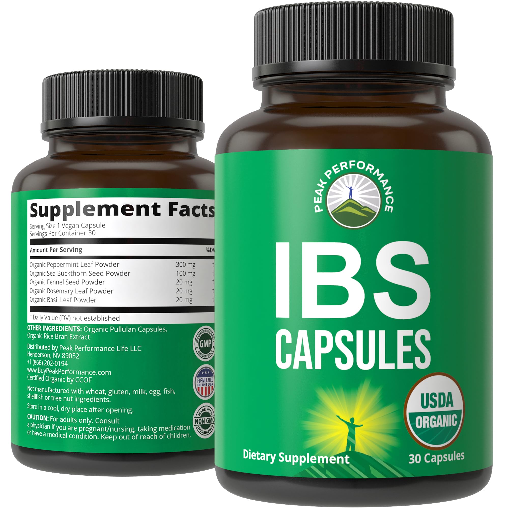 Bottle of USDA Organic IBS capsules for relief and digestion