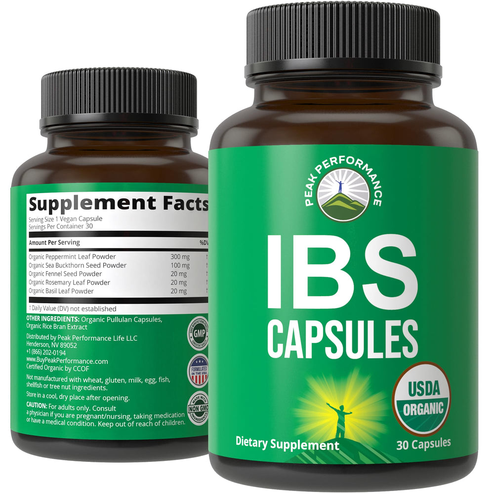 Bottle of USDA Organic IBS capsules for relief and digestion