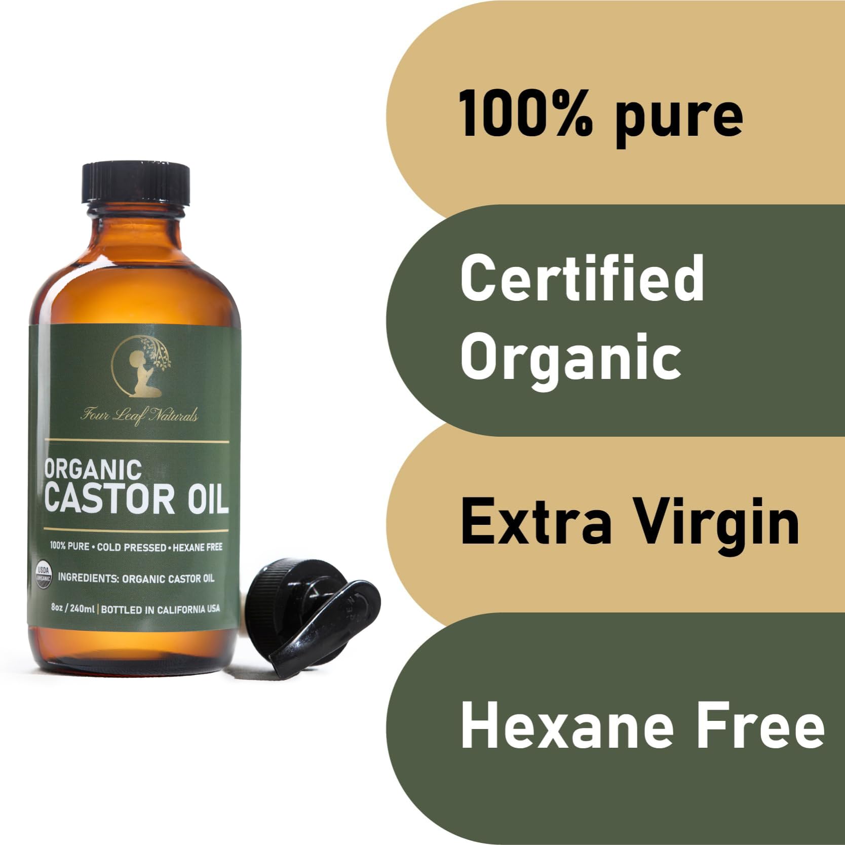 Amber glass bottle with Four Leaf Naturals branding