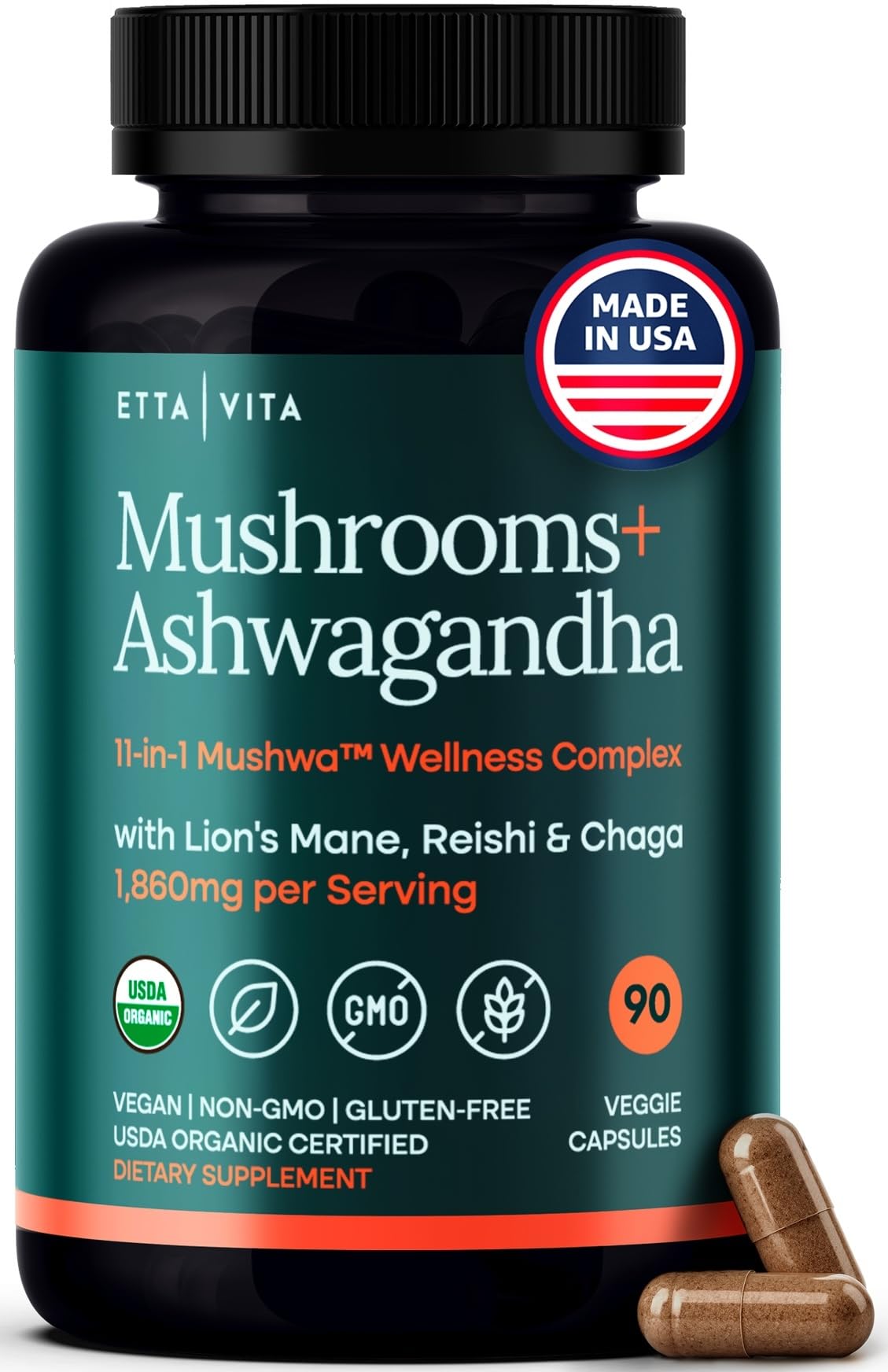 USDA Organic Lions Mane with Ashwagandha 18,600mg serving label