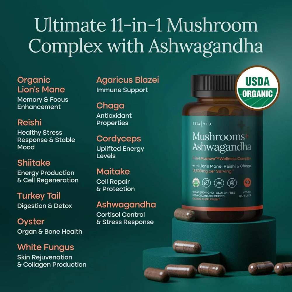 Capsules bottle of Lions Mane with Ashwagandha 10x mushroom complex