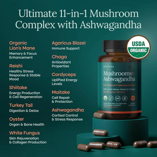 Capsules bottle of Lions Mane with Ashwagandha 10x mushroom complex