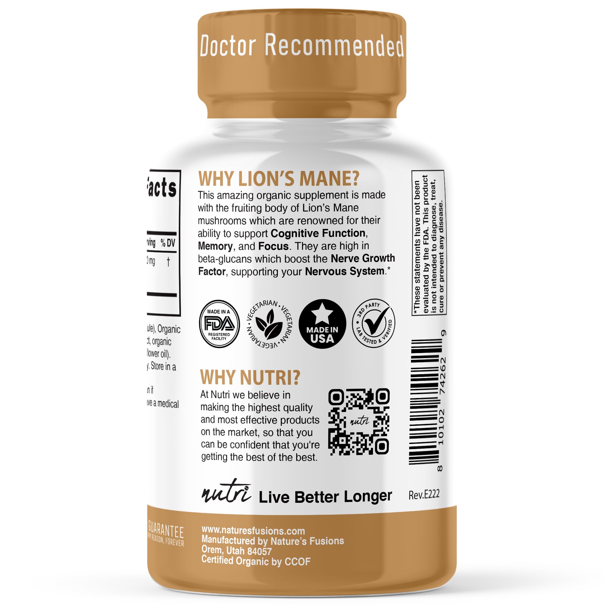 USDA Organic Lion's Mane extract ingredients panel