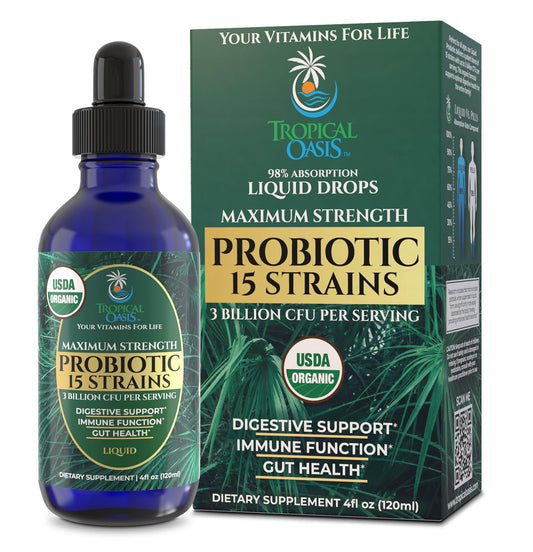 USDA Organic Liquid Probiotics bottle with 15 strains and 3B CFU per serving