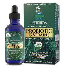 USDA Organic Liquid Probiotics bottle with 15 strains and 3B CFU per serving