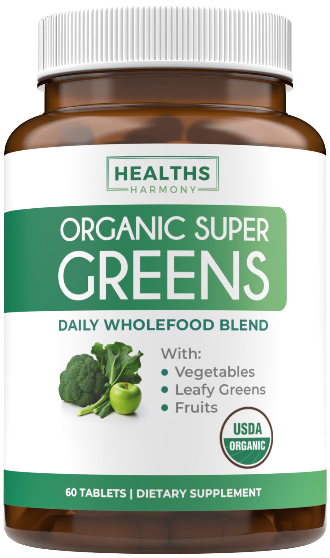 Bottle of USDA Organic Super Greens supplement on white background
