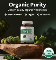 Herbs and greens including barley grass, broccoli, spinach and spirulina