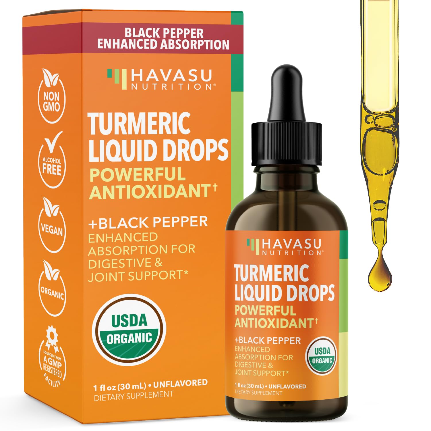 Front view of USDA Organic Turmeric Liquid Drops bottle with black pepper