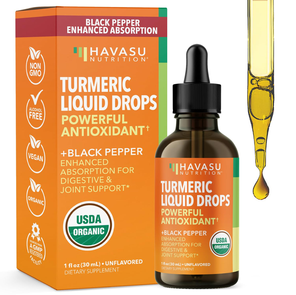 Front view of USDA Organic Turmeric Liquid Drops bottle with black pepper