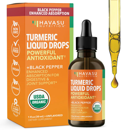 Front view of USDA Organic Turmeric Liquid Drops bottle with black pepper