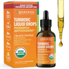 Front view of USDA Organic Turmeric Liquid Drops bottle with black pepper