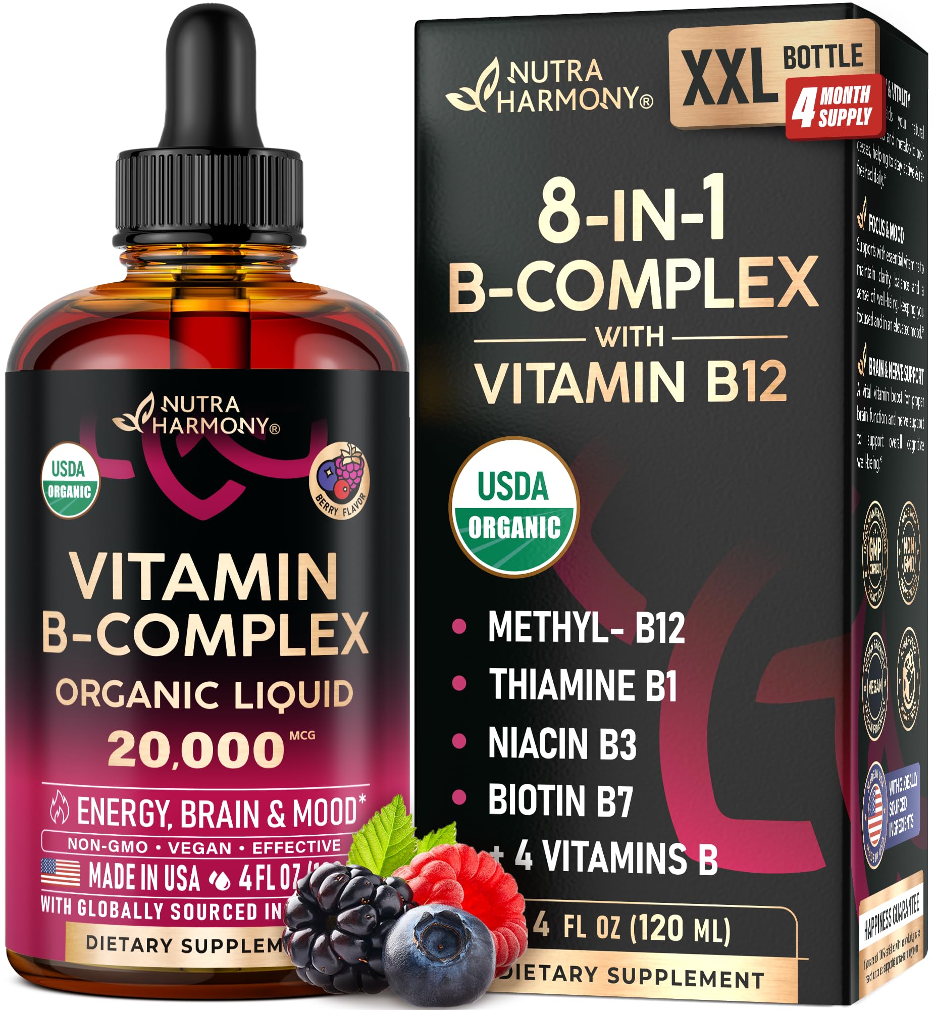 Bottle of USDA Organic Vitamin B Complex Liquid Drops with dropper