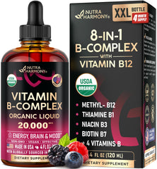 Bottle of USDA Organic Vitamin B Complex Liquid Drops with dropper
