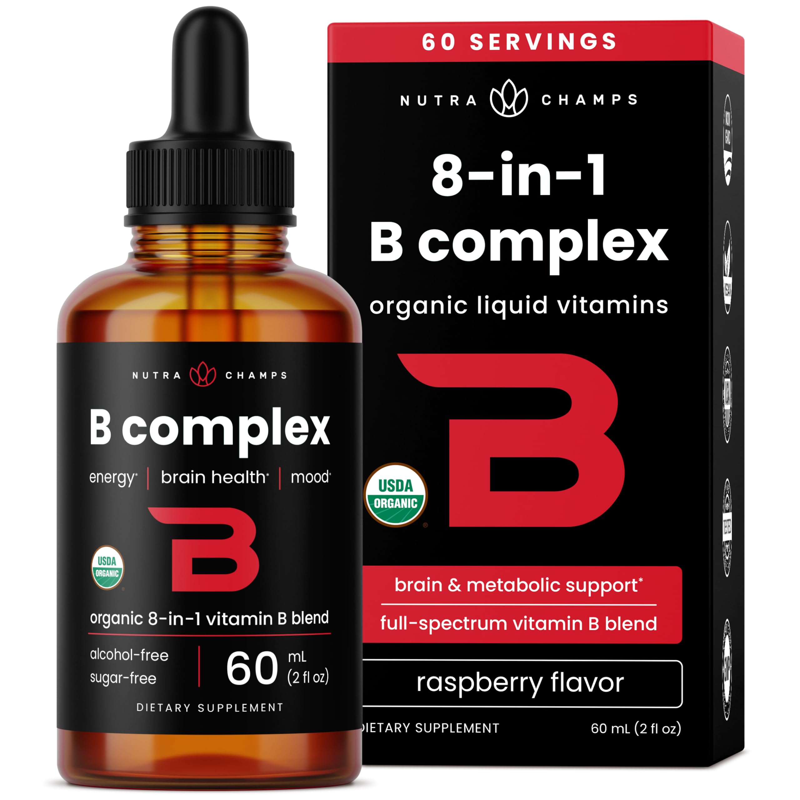 Bottle of USDA Organic Vitamin B Complex Liquid Drops with berry flavor