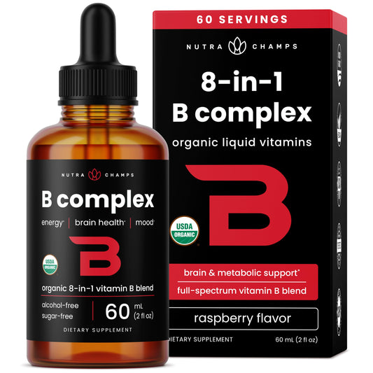Bottle of USDA Organic Vitamin B Complex Liquid Drops with berry flavor