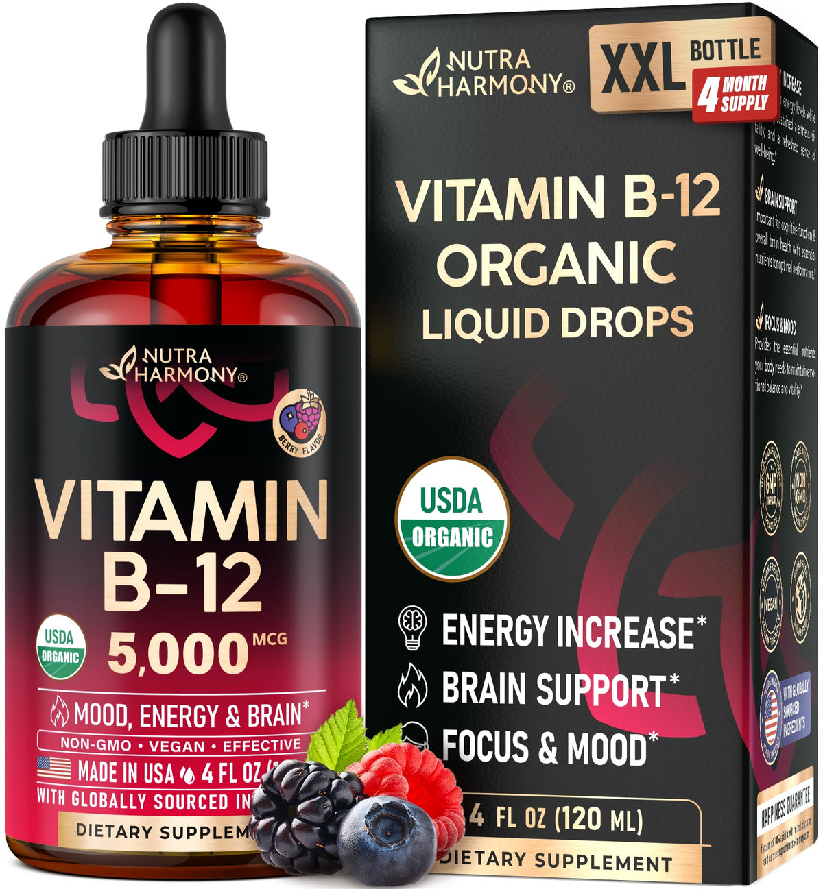 USDA Organic Vitamin B12 Sublingual Drops bottle, 4 oz