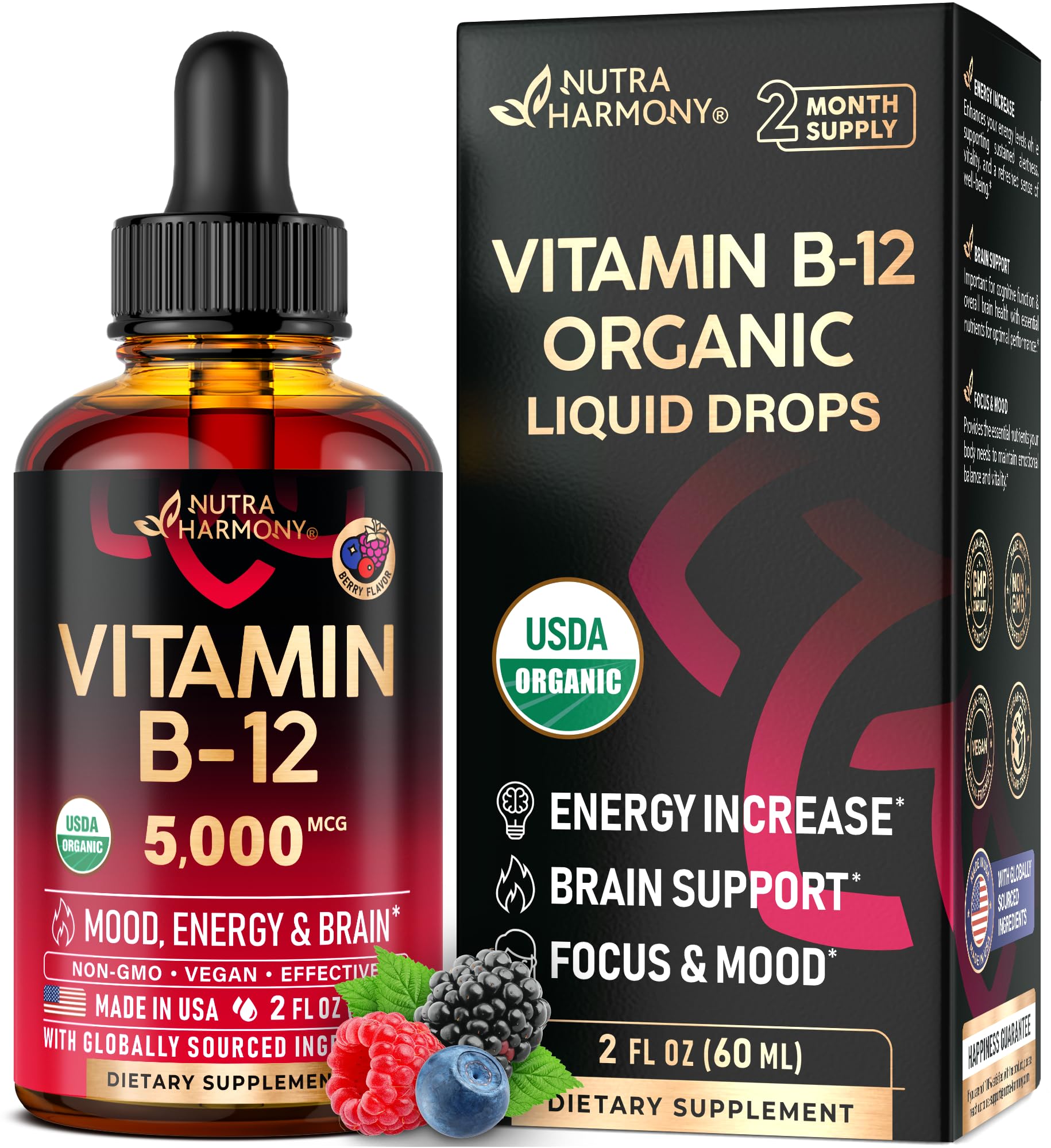 USDA Organic Vitamin B12 Sublingual Drops bottle with 5000 mcg