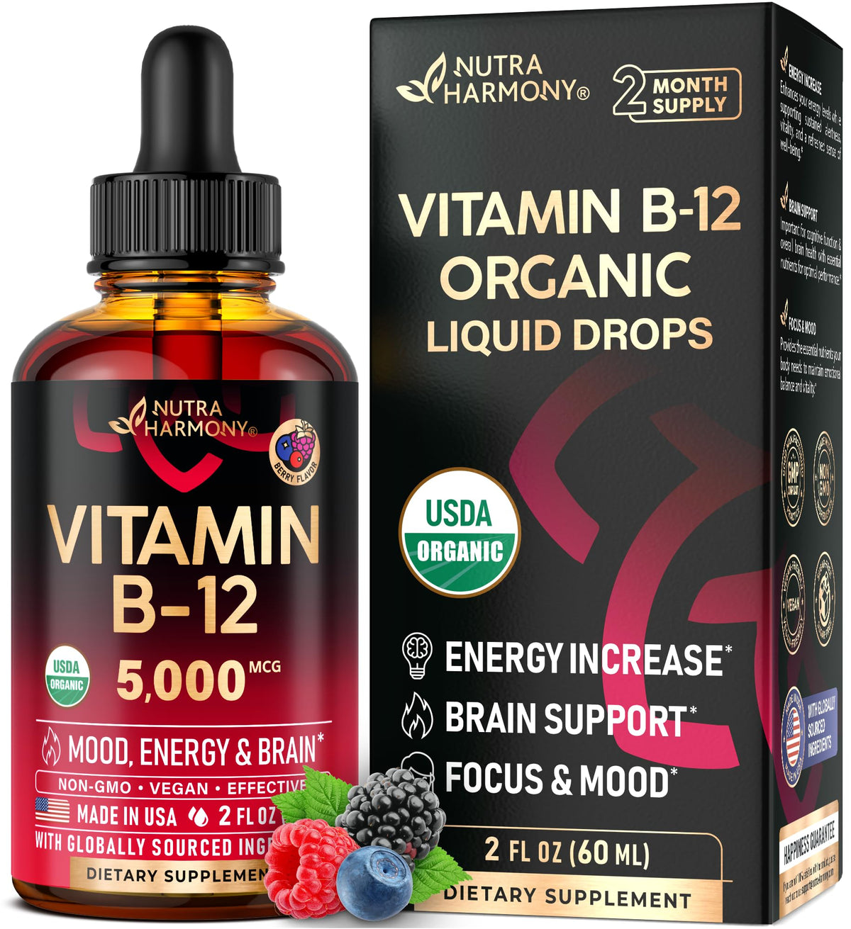 USDA Organic Vitamin B12 Sublingual Drops bottle with 5000 mcg