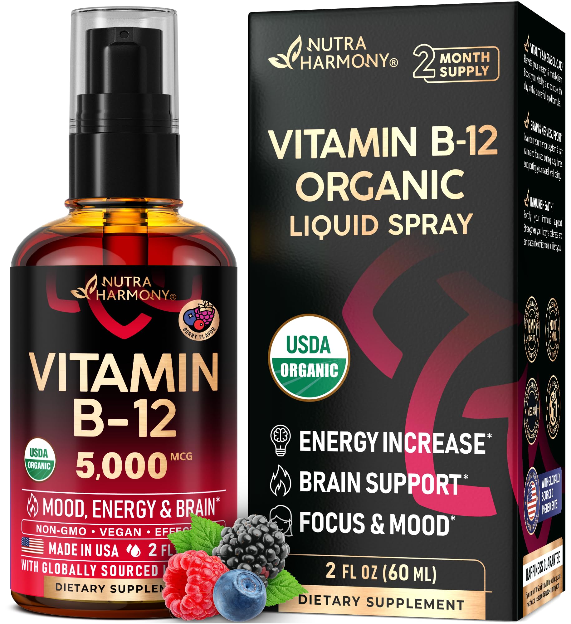 USDA Organic Vitamin B12 Sublingual Spray bottle with 2 oz