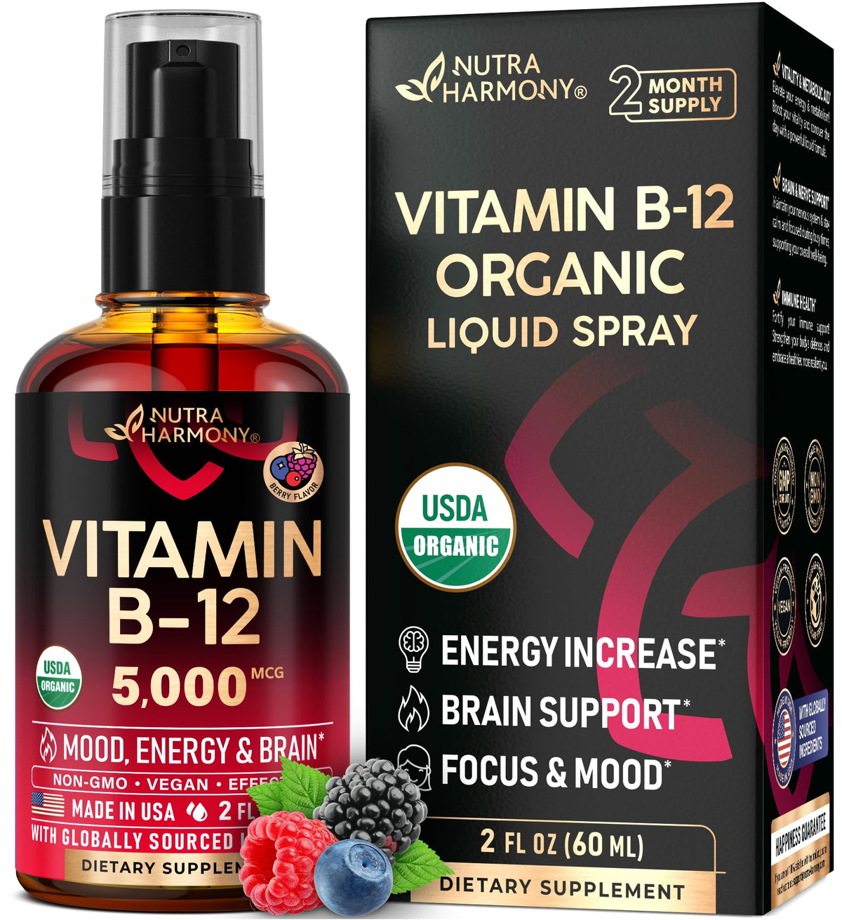 USDA Organic Vitamin B12 Sublingual Spray bottle with 2 oz