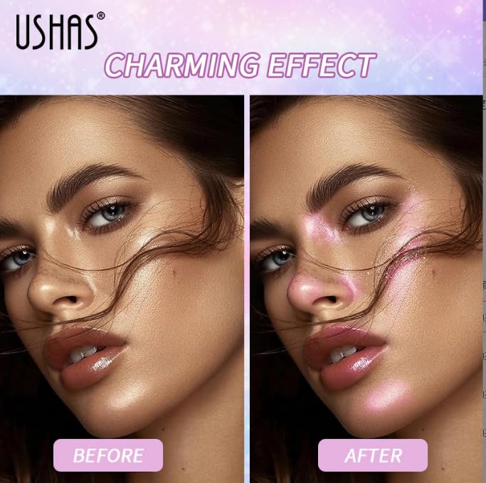USHAS glitter spray for face delivers lightweight shimmer without creasing.