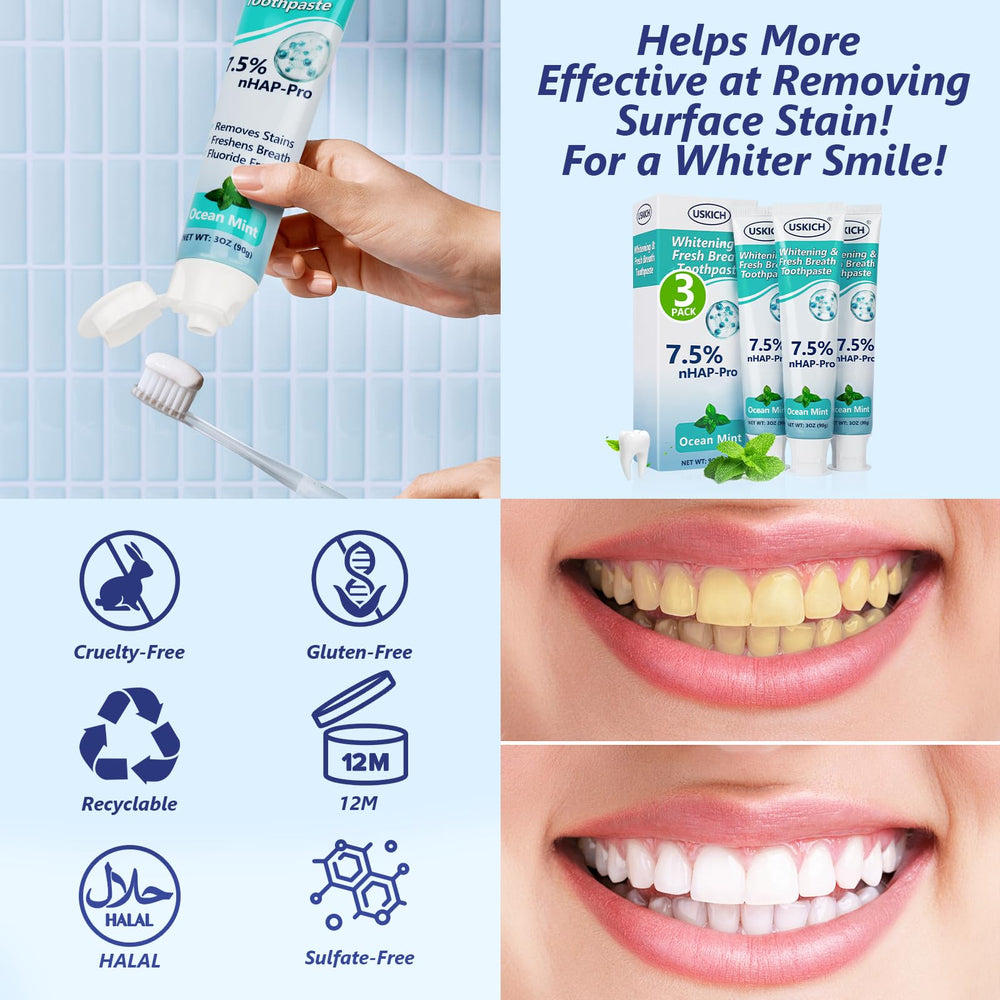 Close-up of USKICH Niacinamide Whitening Toothpaste three-pack packaging