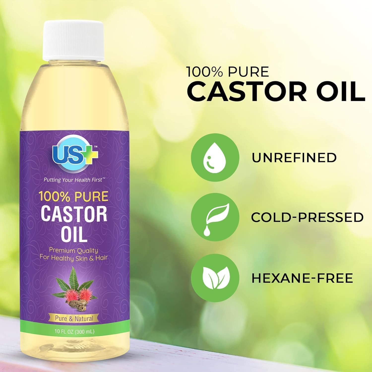 US+ Castor Oil amber bottle with dropper enables precise application.