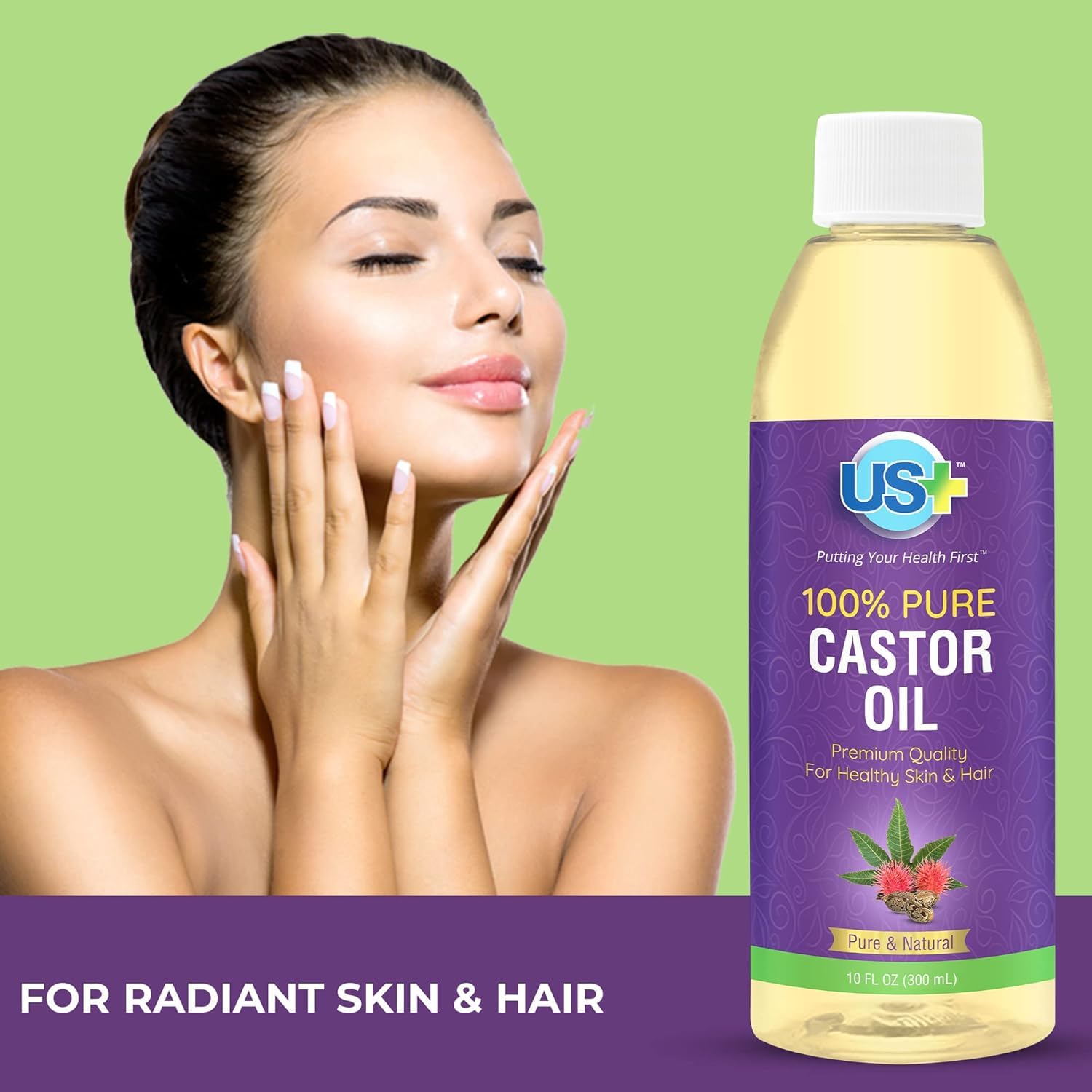 US+ Castor Oil on hair for extra shine and moisture.