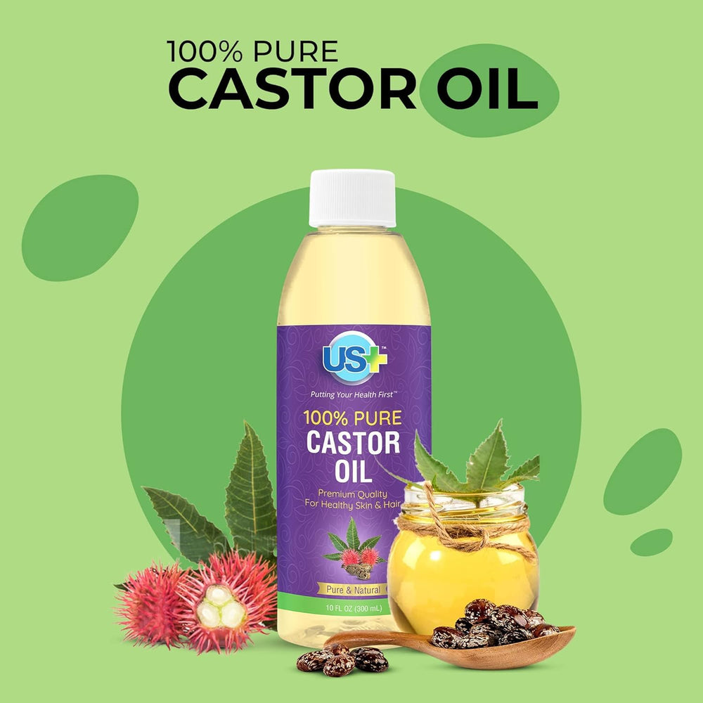 US+ Castor Oil label highlights vitamin E and antioxidants.