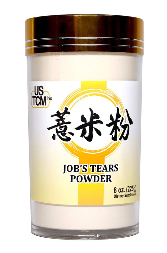USTCM Job's Tears Powder 120-mesh 8oz container close-up