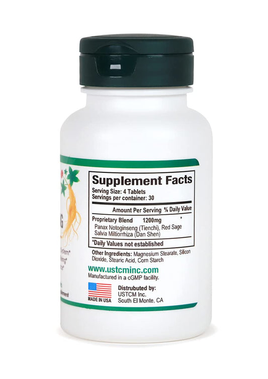 Back label of USTCM Panax Notoginseng 120-tablet bottle