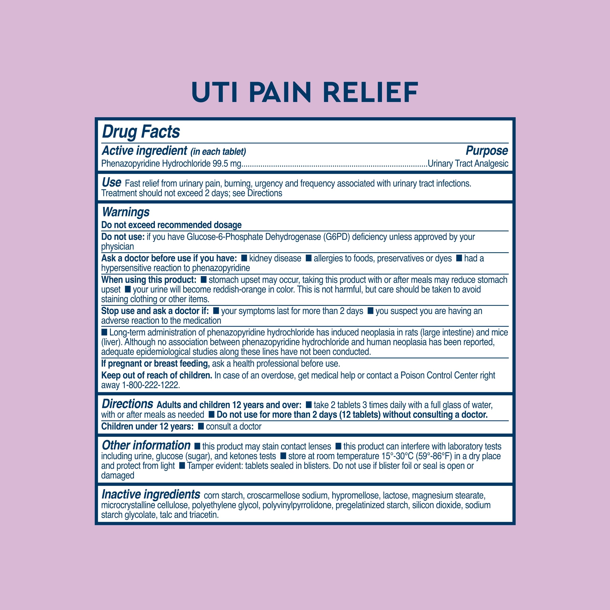 UTI pain relief tablets (phenazopyridine hydrochloride) – 12 tablets