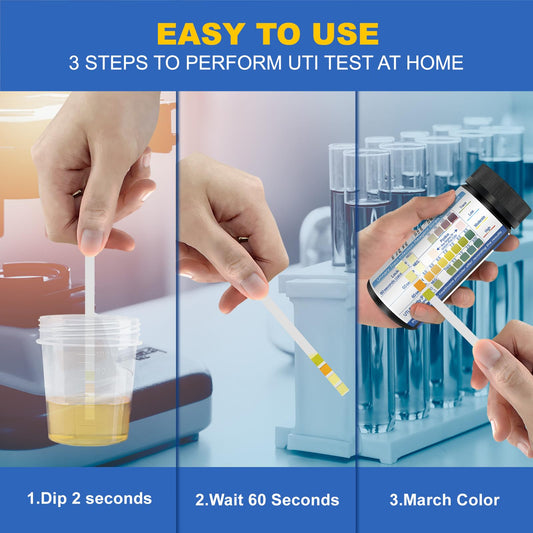 UTI test strips packaging and contents.