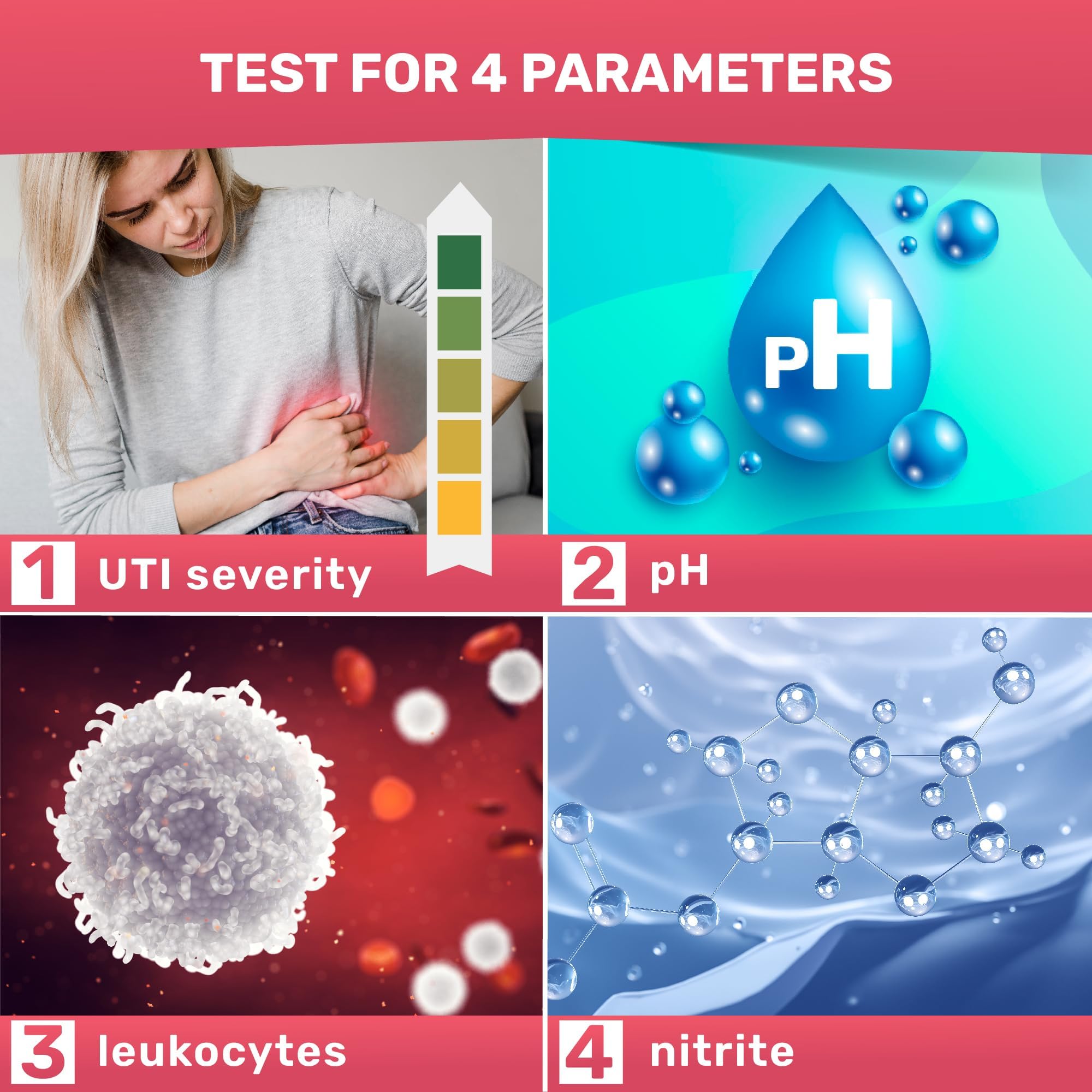 UTI test strips showing leukocytes, nitrite, and pH indicators