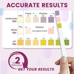 50 strips with 50 disposable urine cups for accurate results