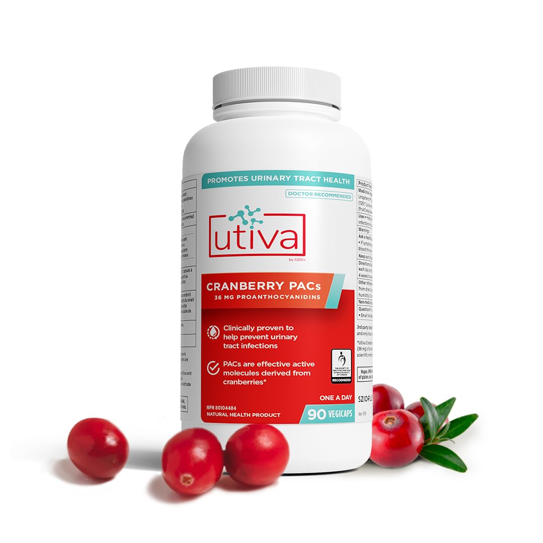 Utiva Cranberry PACs bottle label showing 90 vegan capsules