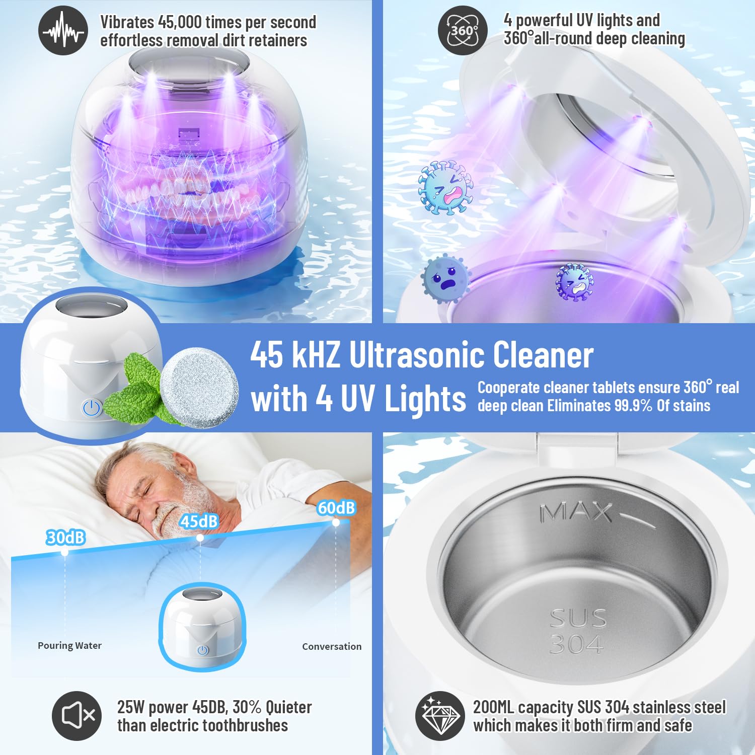 45Hz ultrasonic cleaning with 4 UV lamps for 360-degree deep cleaning