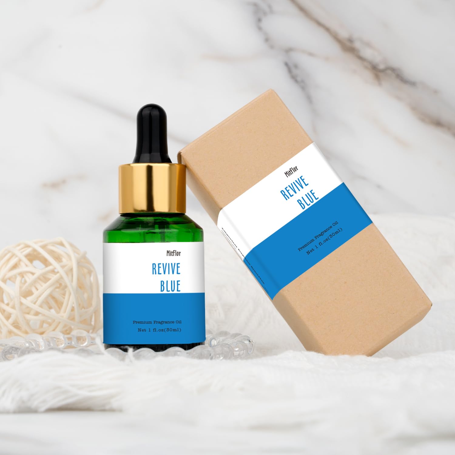 UV-protected glass bottle for Revive Blue fragrance oil