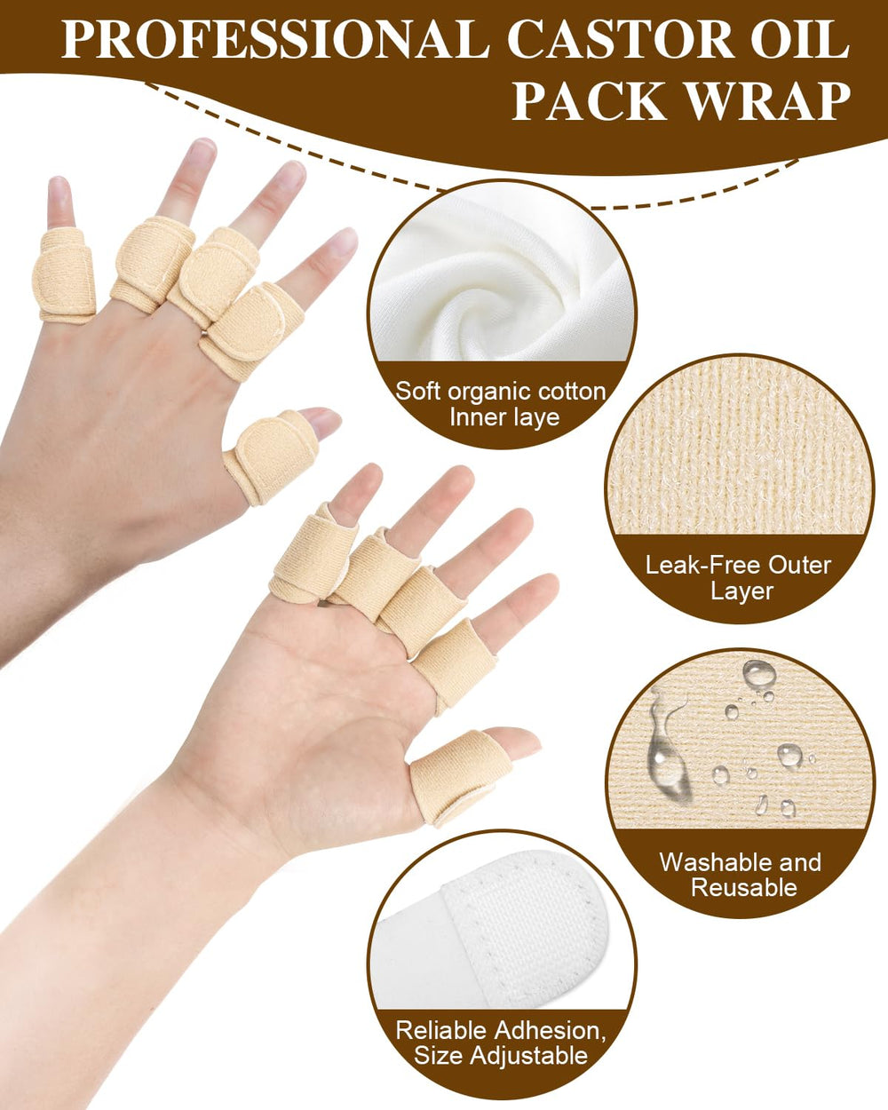 Self-adhesive adjustable wrap securing castor oil pack