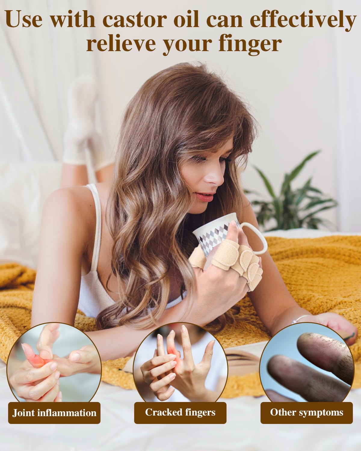 Finger and thumb wrapped with castor oil compress in use