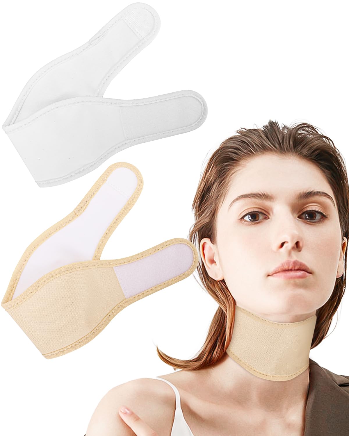 Uwbettry thyroid castor oil neck wrap – front view (white + pale khaki)