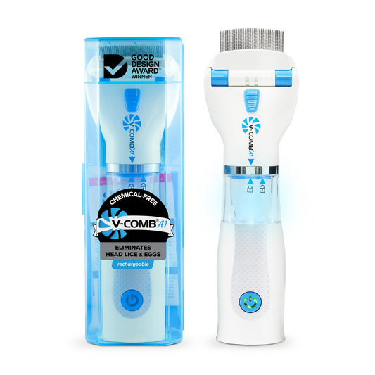 V-COMB A1 rechargeable unit with stainless-steel teeth for hygienic lice removal at home.